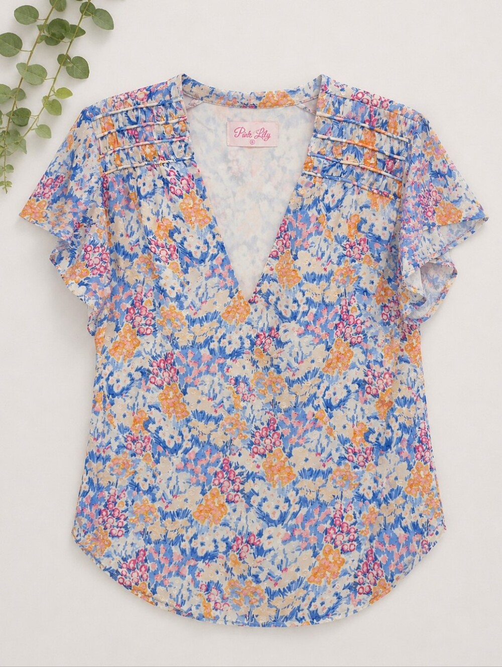 Pink Lily Multicolor Floral V-Neck Blouse in Blue & Peach